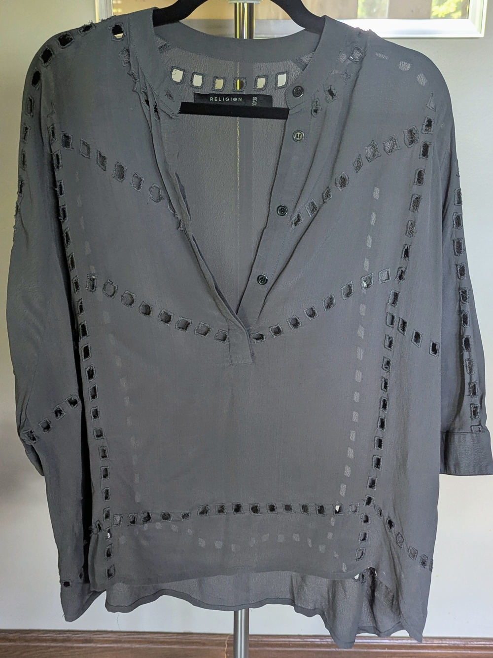 RELIGION Gray Oversized Cutout Eyelet Sheer Blouse Gothic Industrial $12
